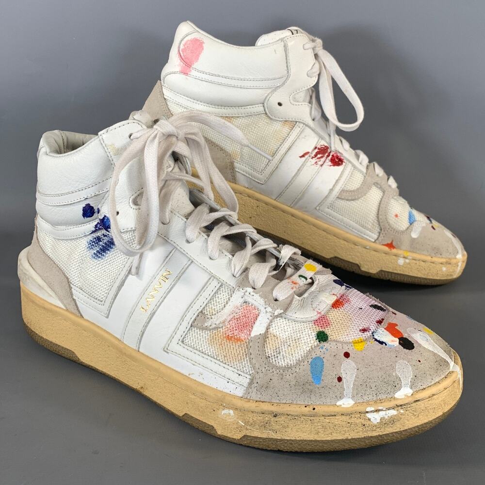 LANVIN Size 8 White Multi Color Splattered Leather High Top Sneakers